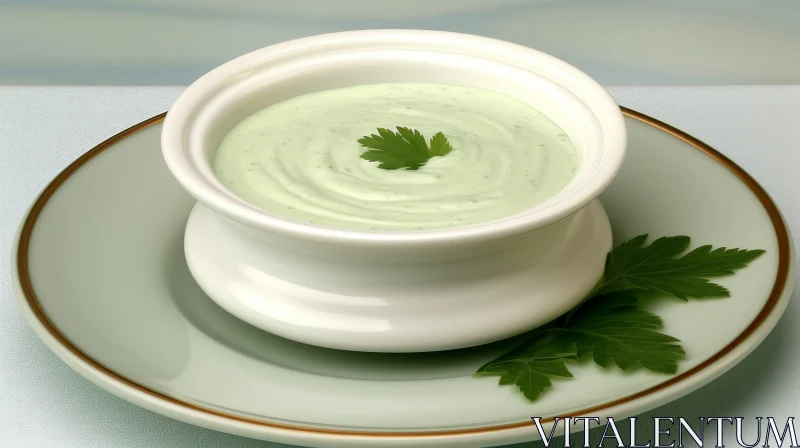 Green Creamy Soup Cup on Saucer AI Image