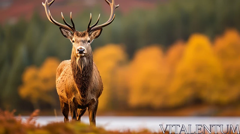 Majestic Red Deer Stag Portrait in Heather Field AI Image