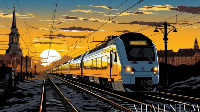 Passenger Train Journey Through Rural Sunset Landscape AI Image