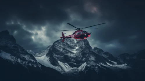Red Helicopter Flying in Snowy Mountains