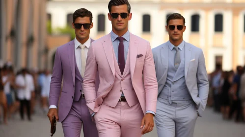 Urban Chic: Stylish Men in Suits Walking Down City Street