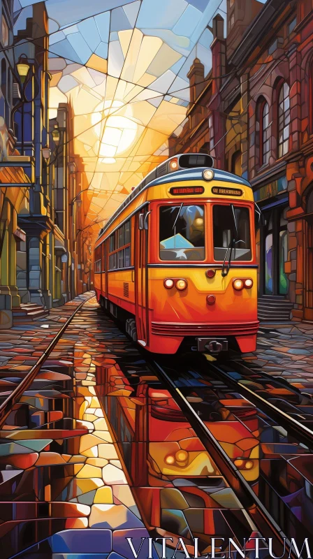 AI ART Vintage Tram in City Street at Sunset