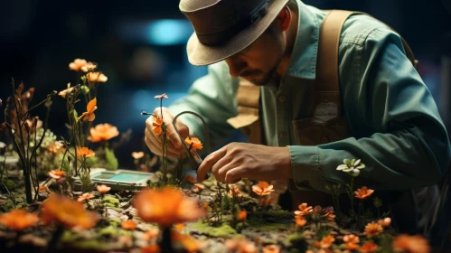 Botanist Examining Flower in Greenhouse