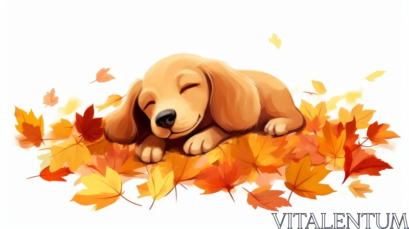 AI ART Brown Dog Sleeping on Autumn Leaves - Cartoon Illustration