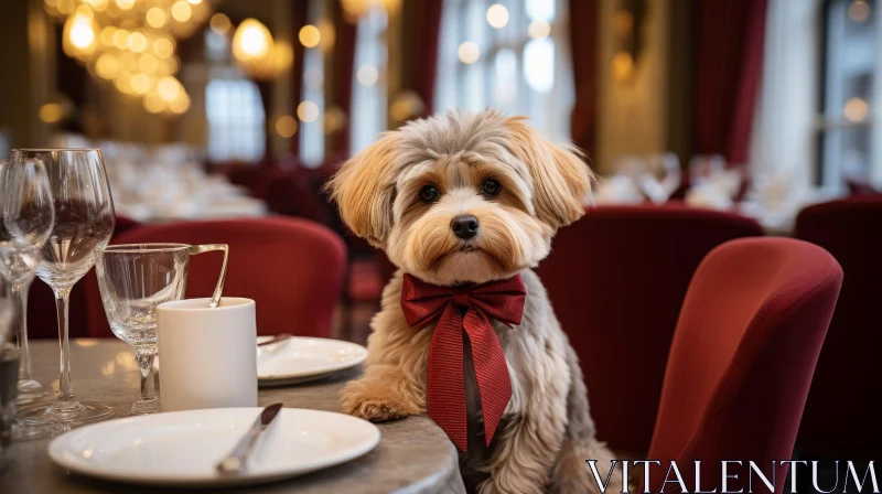Charming Dog in Red Bow Tie at Restaurant AI Image