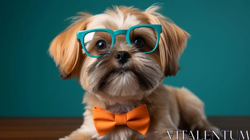 Curious Dog with Glasses and Bow Tie on Wooden Table AI Image
