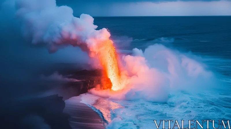 Dramatic Molten Lava Flow into Ocean AI Image