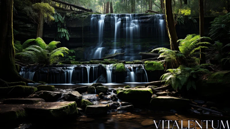 Enchanting Waterfall in a Serene Forest Setting AI Image