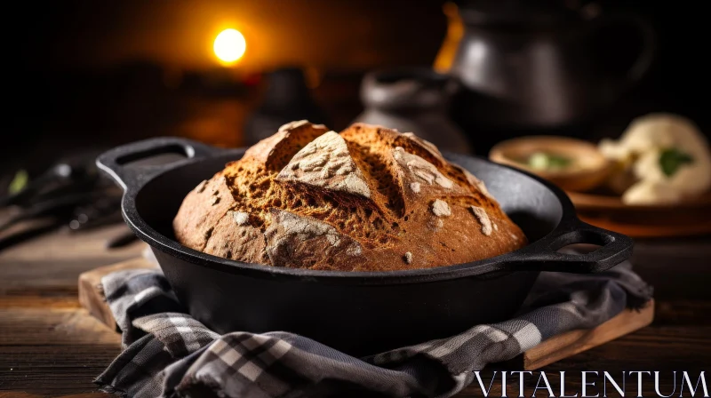 Golden Brown Bread on Cast Iron Skillet - Rustic Setting AI Image