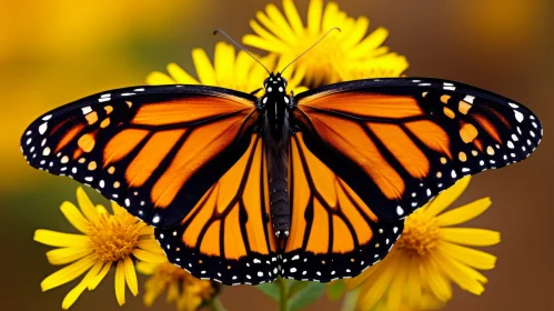 Monarch Butterfly Close-up with Yellow Flowers