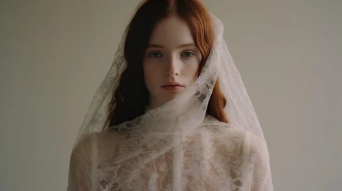 Serious Red-Haired Woman in Lace Veil Portrait