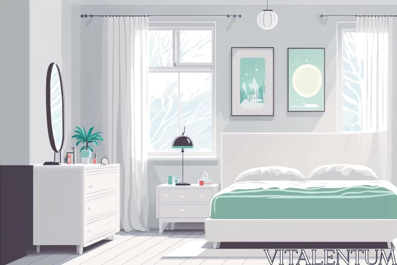 AI ART Stylized Vector Illustration of a Winter Bedroom in Light-Filled Landscapes