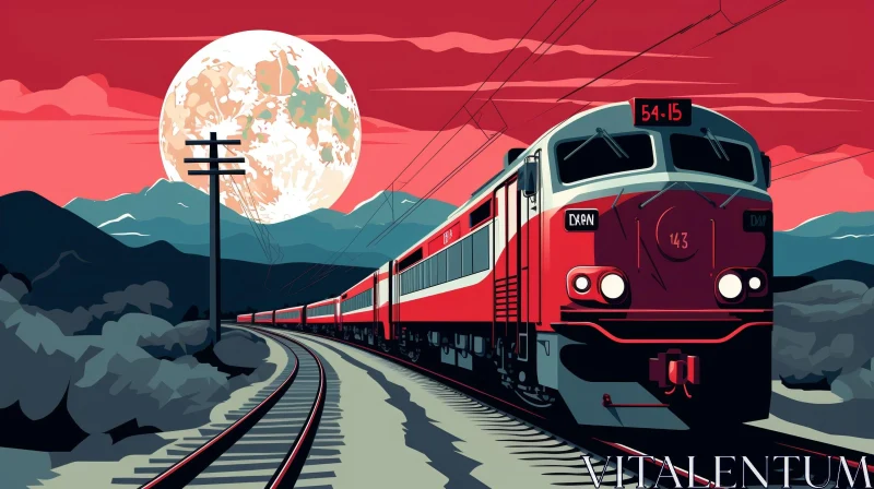 Train in Mountainous Landscape - Retro Art Deco Travel Painting AI Image
