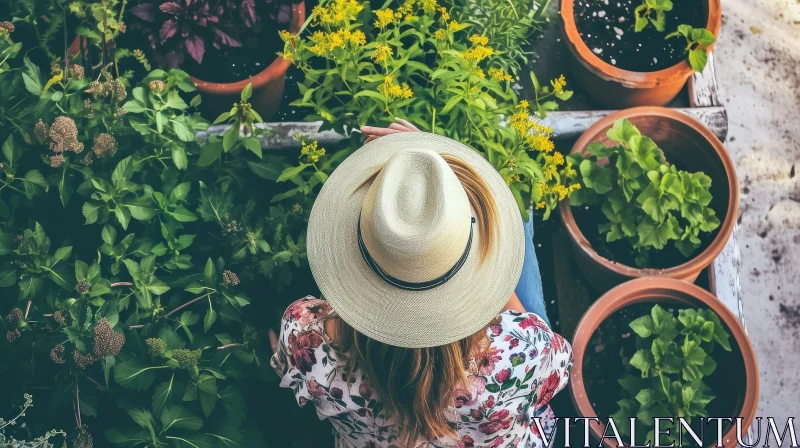 Tranquil Garden Moment - Woman in Straw Hat and Floral Shirt AI Image