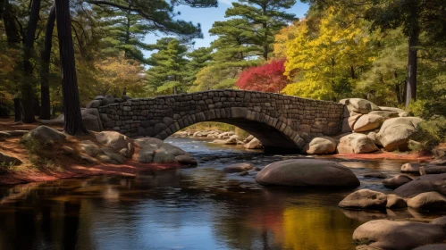 Tranquil Stone Bridge Over River with Blooming Trees