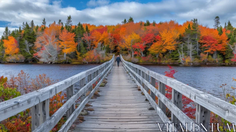 Tranquil Wooden Bridge Over River in Fall Foliage AI Image
