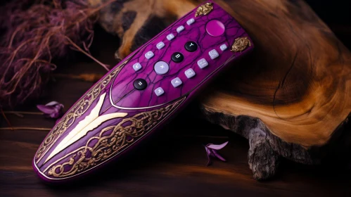 Unique Purple and Gold Video Game Controller on Wooden Table