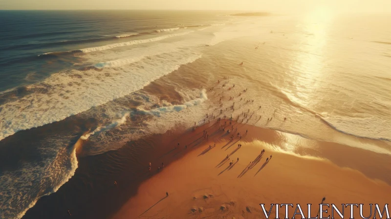 Aerial Sunset Beach Scene with People and Waves AI Image