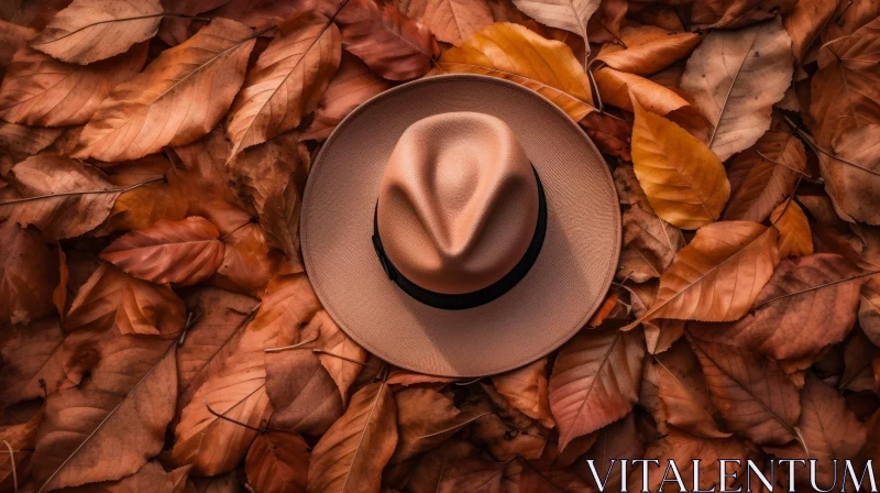 Brown Felt Hat on Fallen Leaves - Close-Up Nature Image AI Image