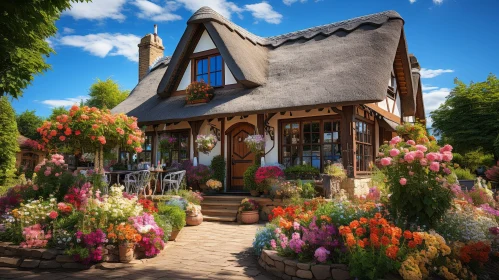 Charming Thatched Roof Cottage Surrounded by Colorful Garden
