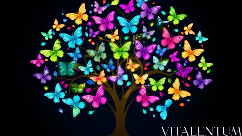 Colorful Tree with Butterflies in Night Sky AI Image