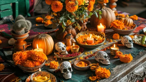 Dia de los Muertos Altar with Marigolds and Candles