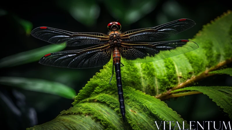 AI ART Dragonfly Close-up on Green Leaf - Nature Photography