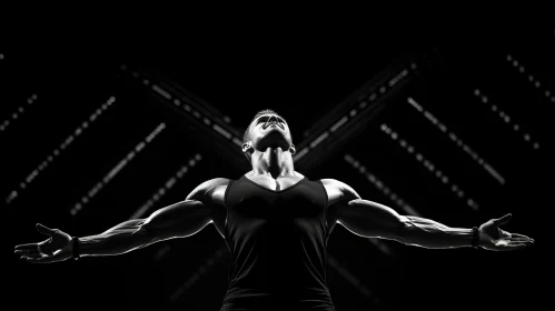 Muscular Man in Black and White Spotlight Portrait
