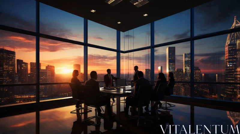 Sunset Business Meeting in City Skyscraper Conference Room AI Image