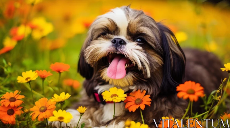 Adorable Dog in Flower Field AI Image