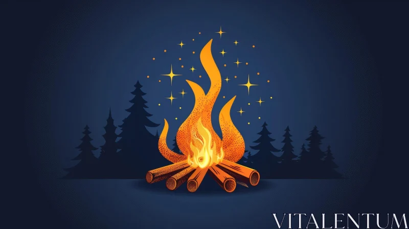 Bright Campfire Illustration with Stars and Flames AI Image