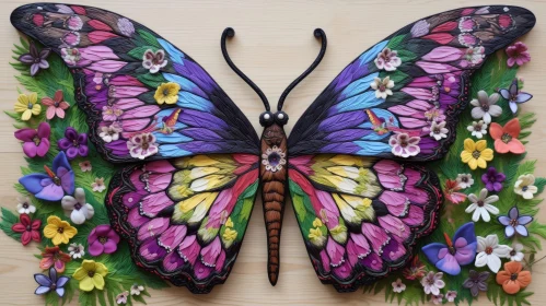 Colorful Butterfly and Flowers on Wood Grain Background