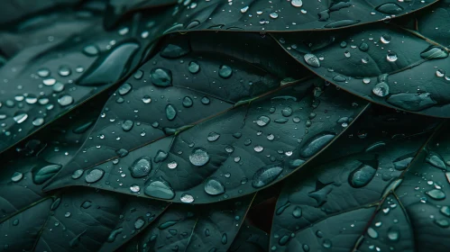 Dark Green Leaf with Raindrops - Close-up Nature Photography