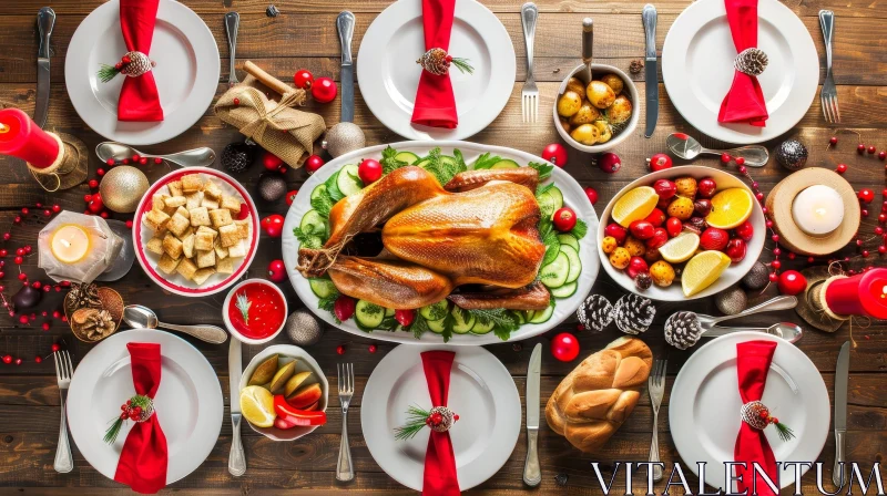 Festive Christmas or Thanksgiving Dinner Table with Roasted Turkey AI Image