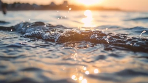 Golden Glow Wave Breaking on Shore