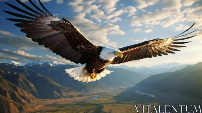 Majestic Bald Eagle Soaring Over Snow-Capped Mountain Range AI Image