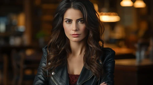 Serious Young Woman in Black Leather Jacket