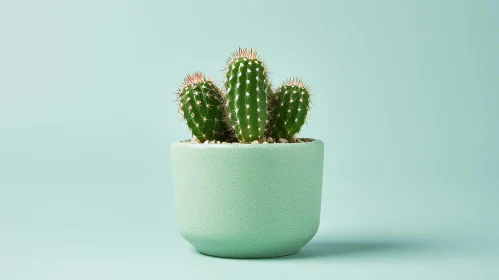 Small Cactus in Green Pot on Blurred Background