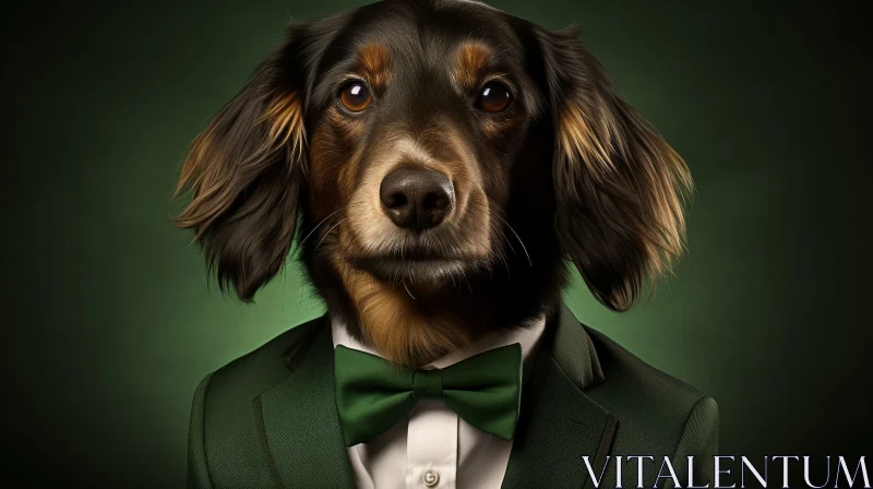 Stylish Dachshund Dog in Green Suit and Bow Tie AI Image