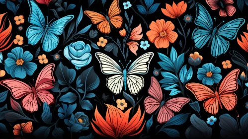 Colorful Butterflies and Flowers Pattern on Black Background