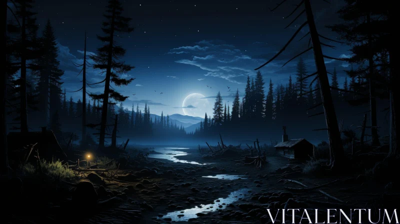 Moonlit Forest Landscape with River and Cabin AI Image
