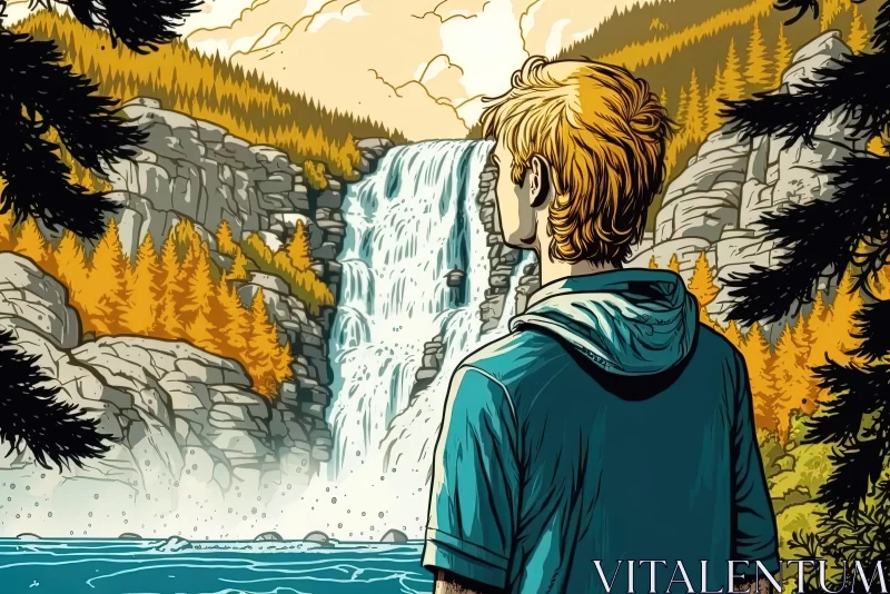 Serenity by the Waterfall: A Captivating Cartoon Artwork AI Image