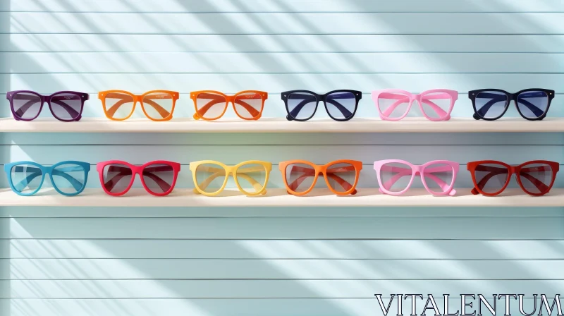 Stylish Sunglasses Collection on Shelf AI Image