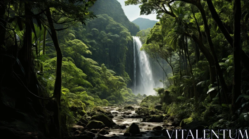 Tranquil Waterfall Landscape in Lush Jungle Setting AI Image