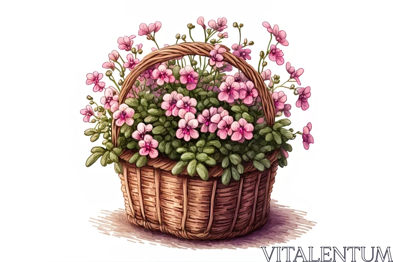 Vibrant Pink Flowers in a Basket - Detailed Illustration AI Image