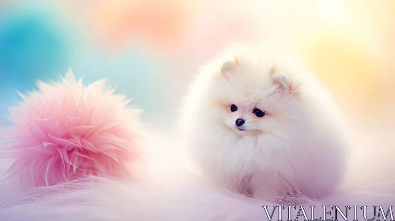 AI ART White Pomeranian Puppy on Fluffy Blanket