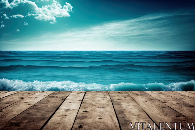 Captivating Wooden Table Under Blue Sky and Waves - Surreal Seascapes AI Image