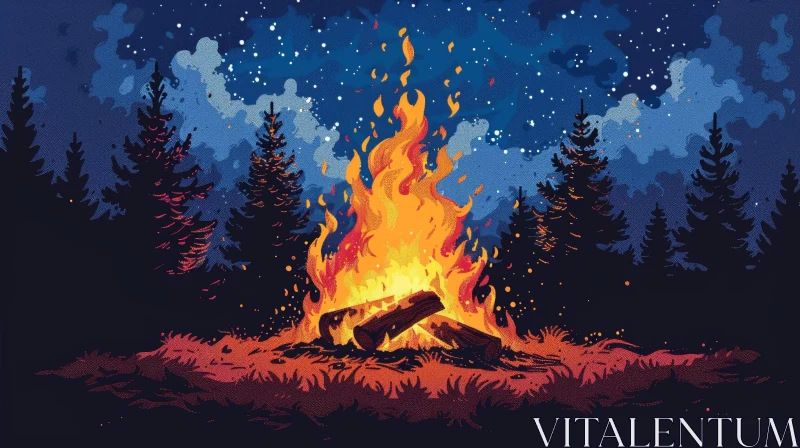 Enchanting Forest Campfire Illustration at Night AI Image