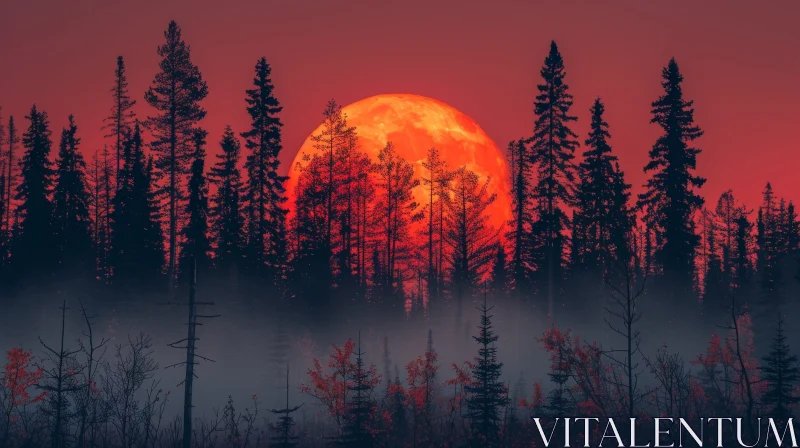 Enigmatic Forest Scene with Red Moon Rising AI Image