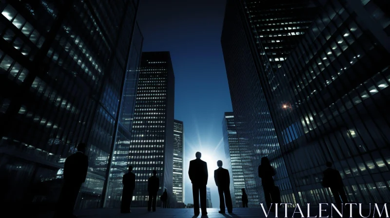 Enigmatic Night Scene of Business People and Skyscrapers AI Image